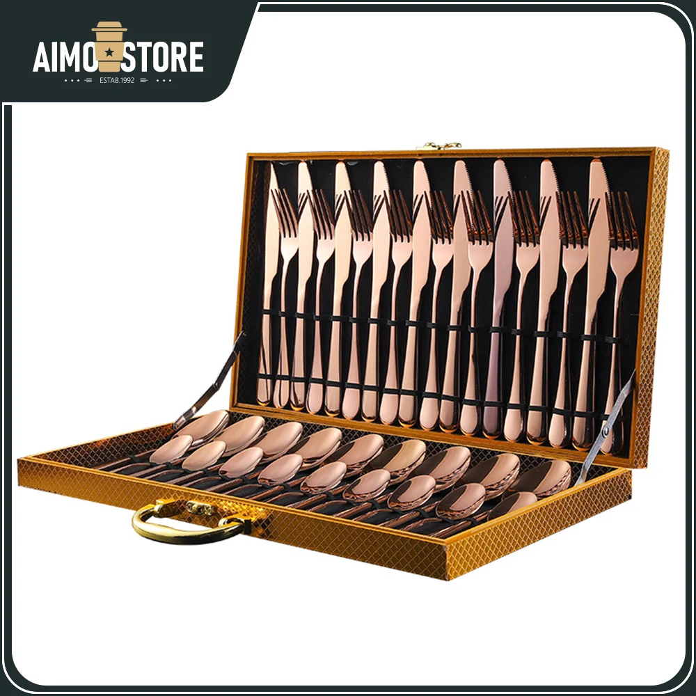 

[top]36pcs/set Gold Cutlery Western Knife Fork Spoon 4 in 1 Cutlery Gift Box Bright Surface Cutlery Suitable for 9 People