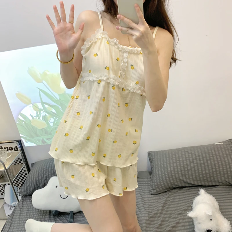 Japan Style Sexy Pajamas for Young Girls Cute Sleeveless Women Pijama Harness Home Clothes with Shorts Lace Sweet Summer Pyjama