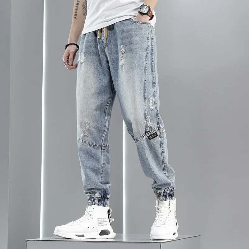 Tide Brand Loose-fitting Jeans Men's Spring And Autumn Thin Section Trend Hole Harem Version Casual All-match Nine-point Pants