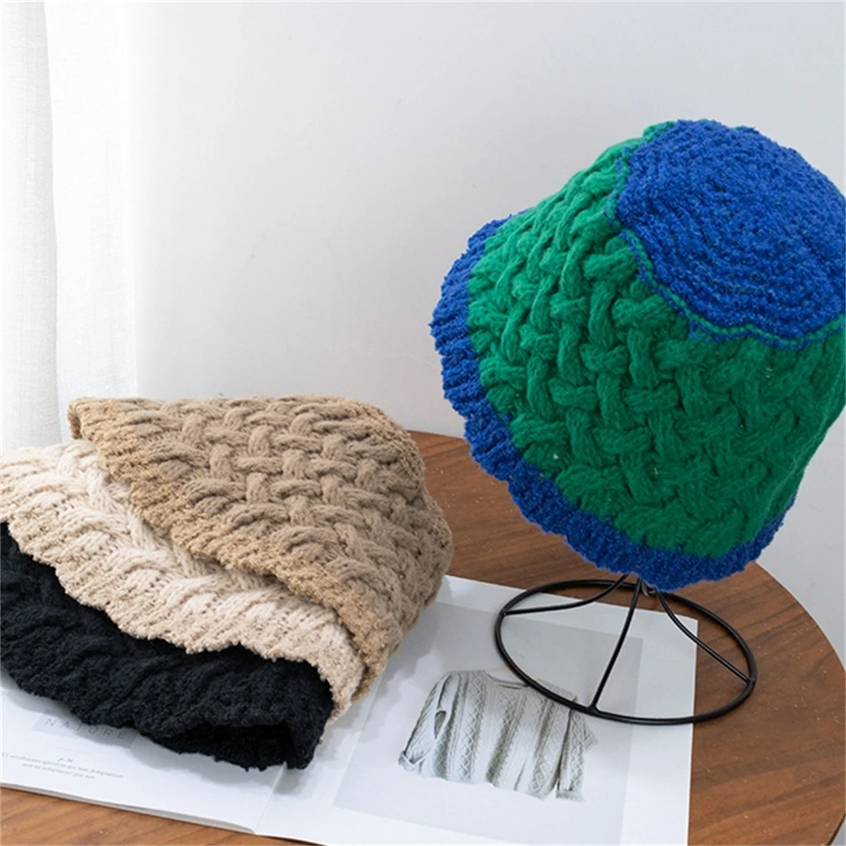 

Women Lady Bucket Hat Winter Warm Weave Pattern Solid Color Fisherman Caps Gift