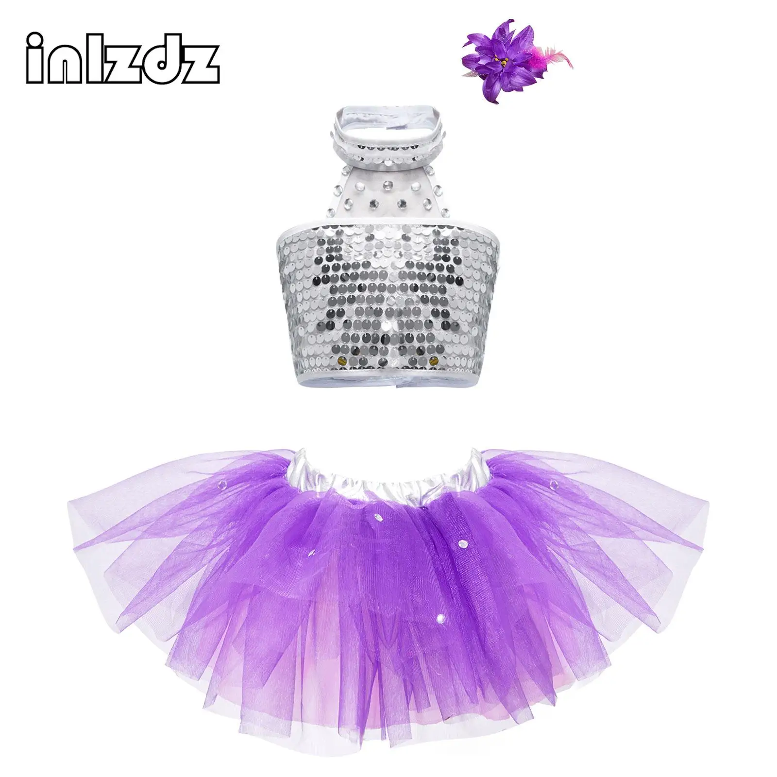 

Kids Girls Sequins Halter Ballet Dance Tutu Dress Shiny Crop Tops Tutu Outfits Modern Latin Jazz Dancing Performance Costume