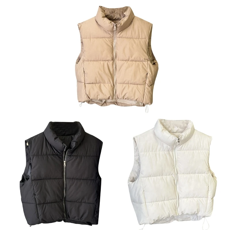 

50JB Women’s Crop Vest Sleeveless Lightweight Down Quilted Solid Color Outwear Padded Winter Warm Gilet