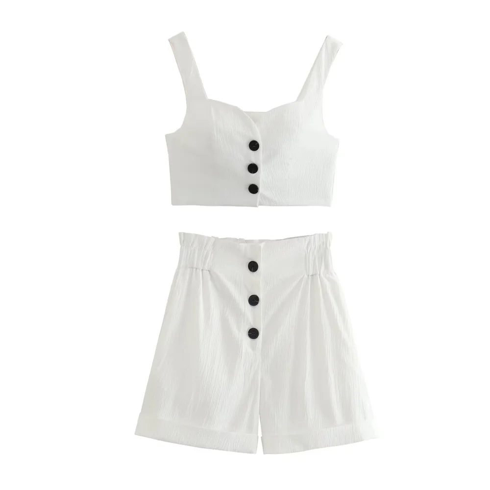 Women White Crop Vest Shorts 2 Piece Set Summer Office Lady Single Breasted Slim Top and High Waist Straight Shorts Casual Suit