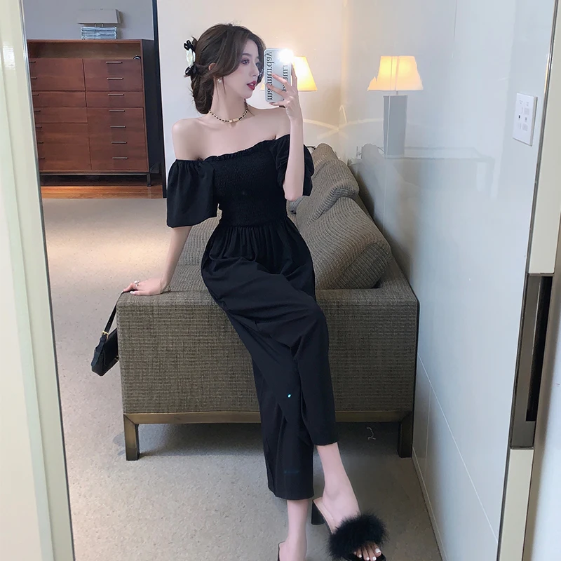 

Make French hubble-bubble sleeve restoring ancient ways is a word shoulder jumpsuits women summer waist thin black nine points w