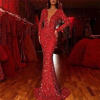 women dress fishtail red sequin long sleeve v neck dress long dress banquet dress sexy dress