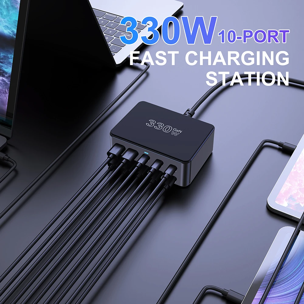Зарядное устройство GaN мощностью 330 Вт USB C Быстрое настольное 10-портовое зарядное
