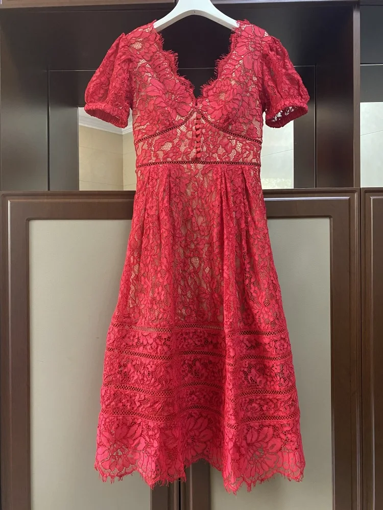 Summer France Style Vintage V-neck Lace Dress Fashion Women's High Quality High-rise Elegant Dress B855