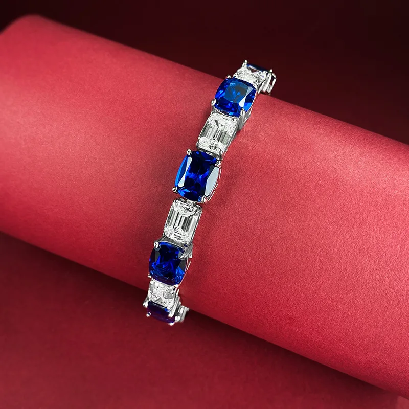 

SpringLady S925 Real Silver 8*10mm Noble Sapphire Gemstone Wedding Bracelets for Women Lab Diamond Party Fine Jewelry Lady Gift