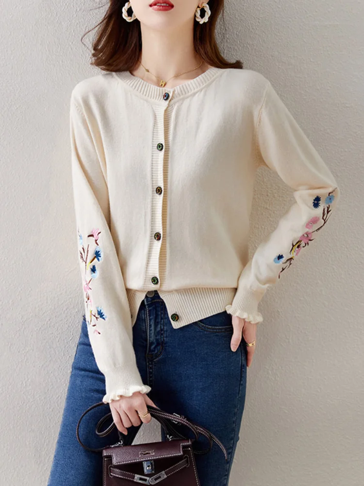 

Корейский стиль, вязаный кардиган, пальто, Осенний женский свитер, элегантный трикотажный свитер с вышивкой, в стиле ретро, с круглым вырезо...