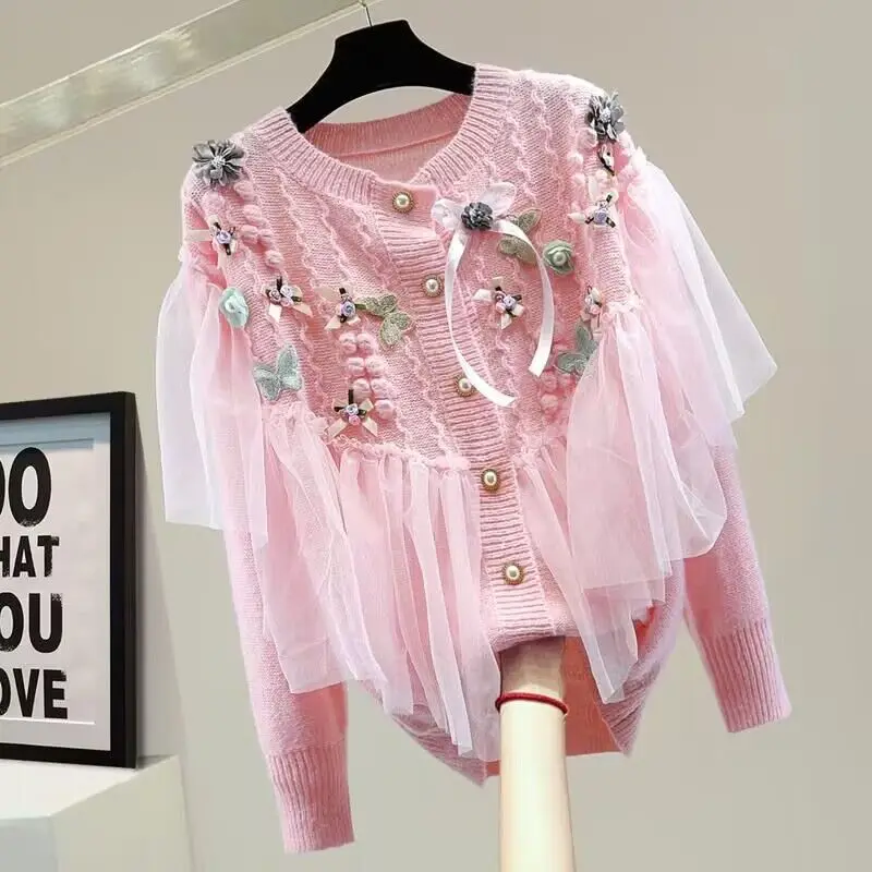 

Spring Autumn Girl's Sweat Flower Laces Cardigan Sweater Coat