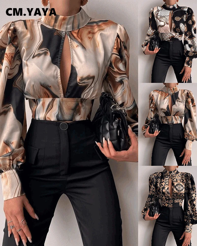 Женская блузка с длинным рукавом-фонариком воротником-стойкой и высокой талией |