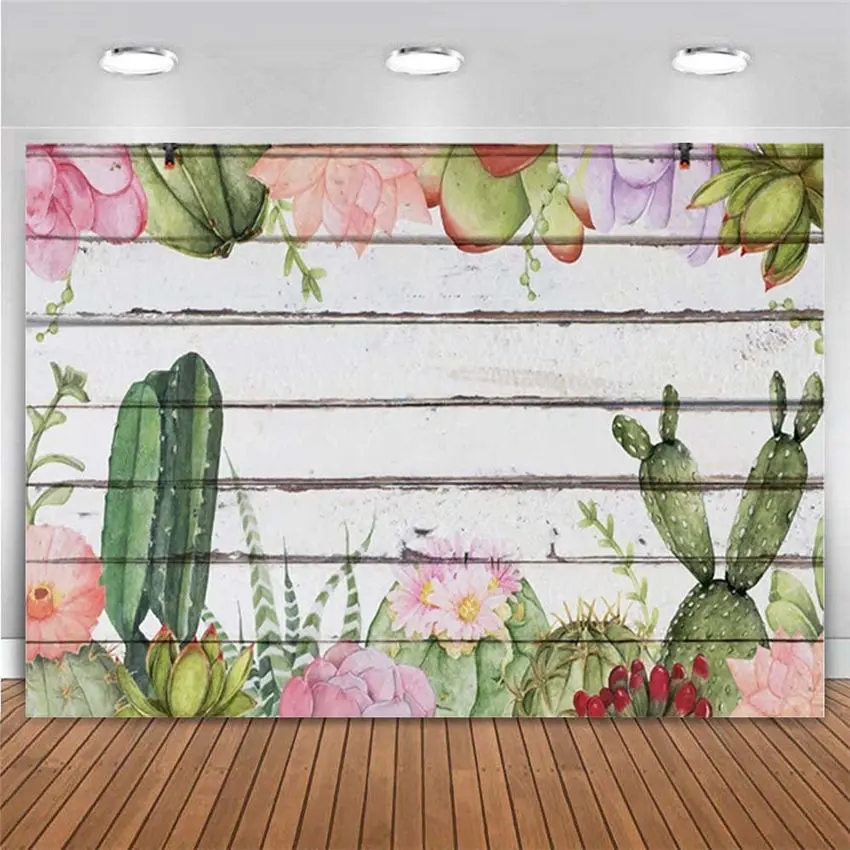 

Cactus Floral Wood Backdrop Watercolor Desert Plants Photography Background Party Baby Shower Table Banner Photo Booth Decor