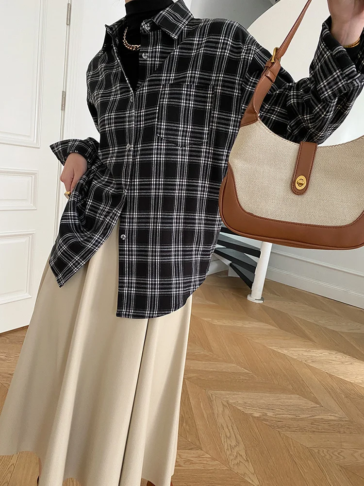 Женская Толстая Блузка в клетку черная элегантная Свободная рубашка с отложным