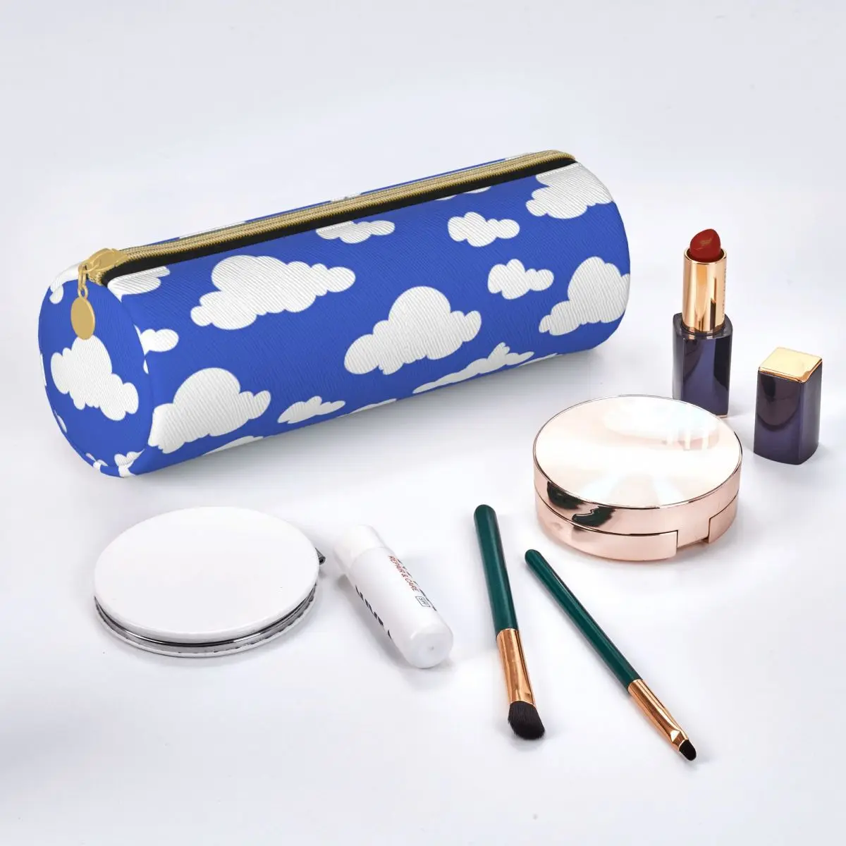 Cartoon Cloud Round Pencil Case Cloudy Blue Sky School Retro Leather Pencil Box Boy Girl Zipper Pen Bag images - 6