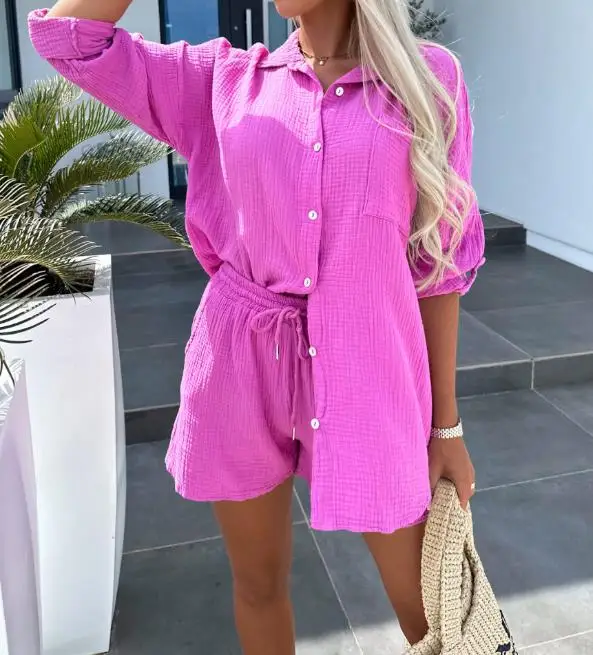 

Women's Shorts Set Summer 2023 Casual Fashion Versatile Cotton Loose Lapel Button Shirt and Drawstring Lace Up Shorts Set