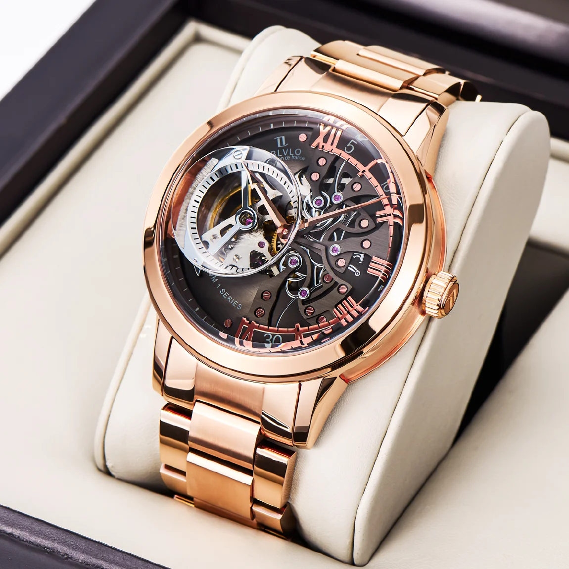 

OBLVLO Retro Casual Men Skeleton Automatic Watches Mechanical Stainless Steel Strap Mineral Crystal Glass Rose Gold Clock VM