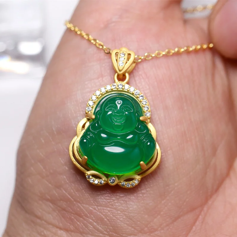 

Natural Green Agate Hand Carved Buddha Pendant Boutique Jewelry Men's and Women's Green Chalcedony 925 Silver Inlaid Necklace