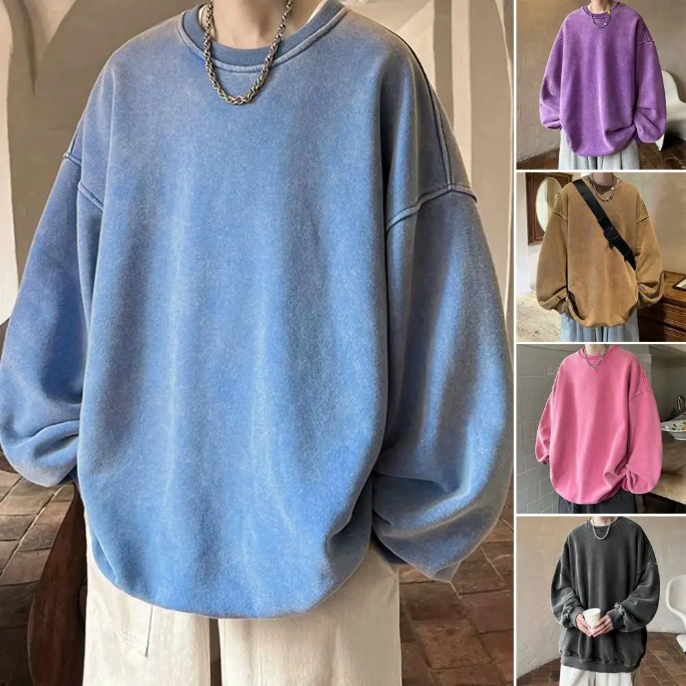 

Breathable Long-sleeved Sweatshirt Vintage Loose Solid Color Warm Pullover Stylish Men's Streetwear for Fall Winter