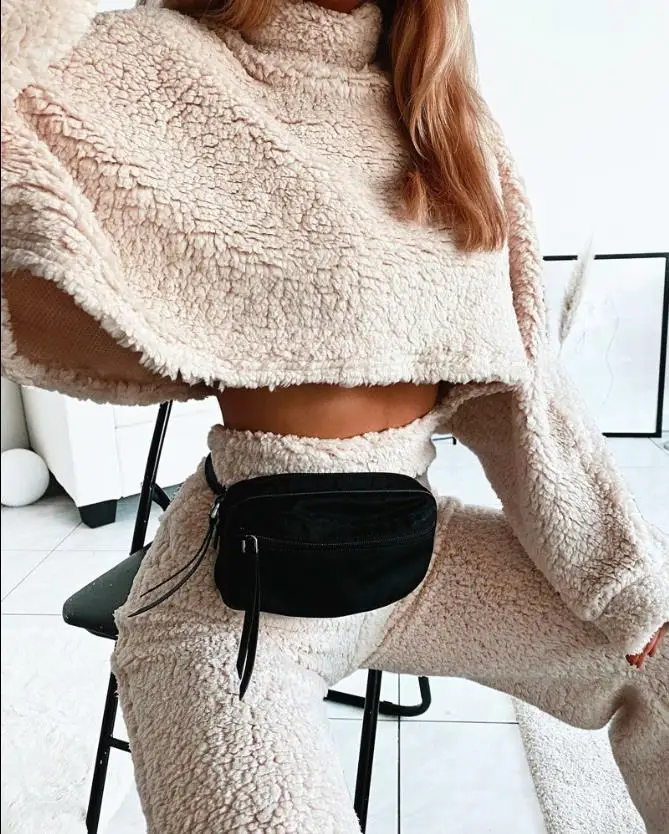 

Two Piece Sets Womens Outifits Daily Long Sleeve Mock Neck Fluffy Crop Top & Casual Pants Set Autumn 2022