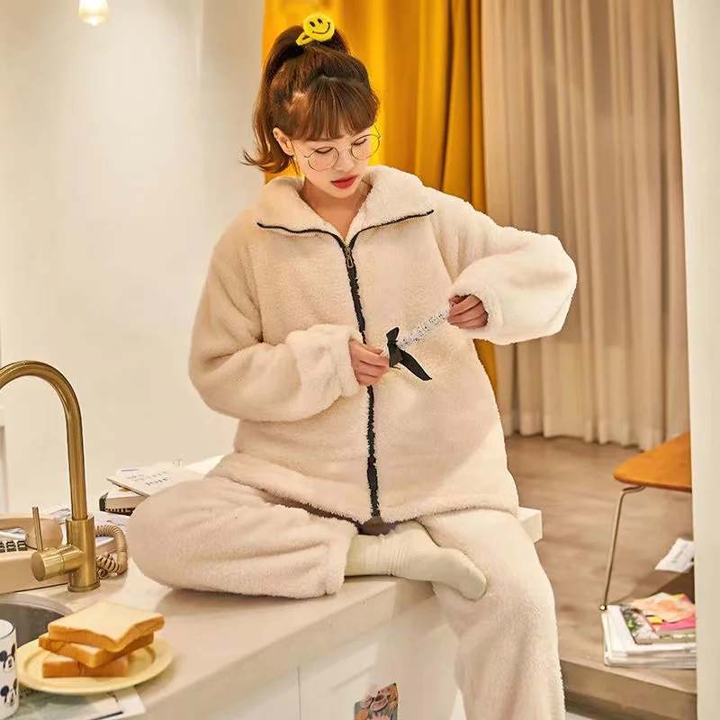 Women Winter Flannel Pajama Set Thick Warm Plus Size 2 Piece/Set Pyjamas Coral Fleece Long Sleeve Trousers Home Clothing Female