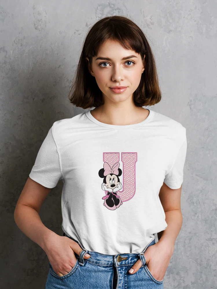 

A To Z Alphabet Disney Women T Shirt Summer Hot Selling White Tops Tees Minnie Mouse Graphic O Neck Female T-Shirt All-match