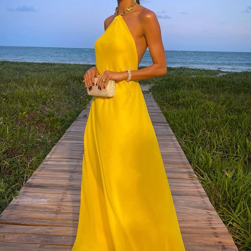 

Preciosoo Women‘s Summer Maxi Gold Dress Chain Halter Neek Backless Sleeveless Shoulder Strapless Elegant Evening Party Robe