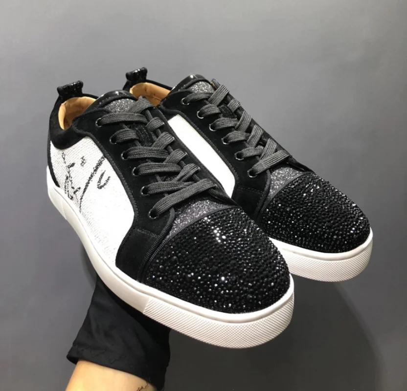 

Luxury Designer Men's Shoes Low Top Lace Up Color Matching Women's Shoes with Water Diamond Red Soles Leather Casual Men's Shoes