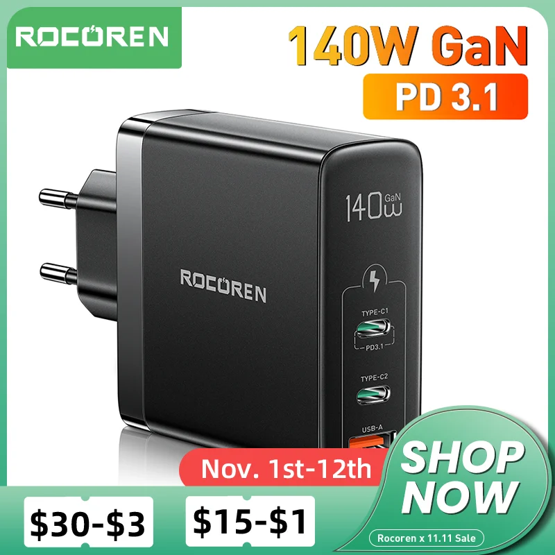 Cena Rocoren 140W GaN ładowarka USB Typ C PD 3.1 QC Szybkie ładowanie 4.0 3.0 USBC Szybka ładowarka Do MacBook Pro IPhone 14 Xiaomi
