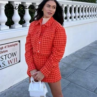 orange houndstooth plaid jacket coat fashion spring autumn single breasted tassel pockets office ladies outwear vintage tops