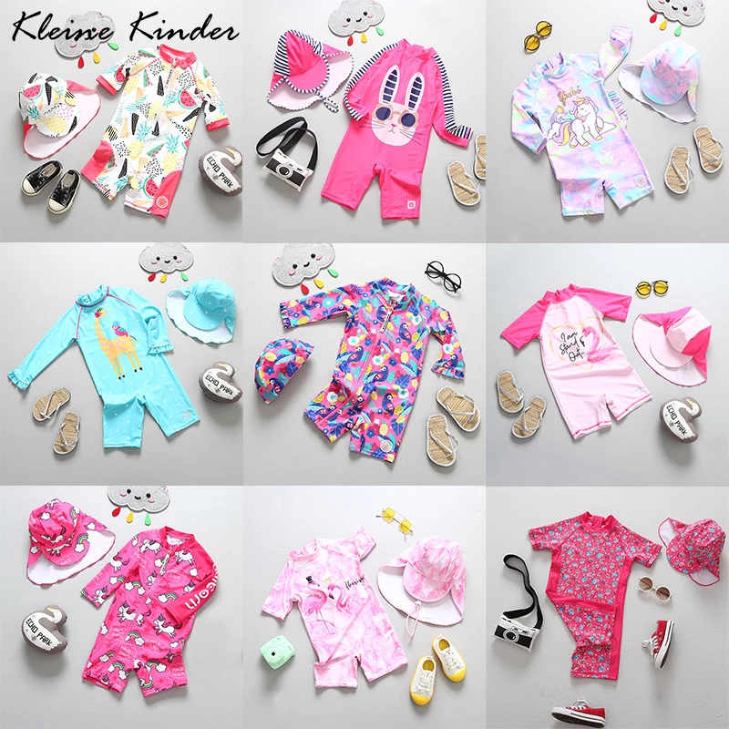 

Children's Swimsuit Long Sleeve Girls Swimwear with Cap UPF50 UV Protection Baby Beach Clothes Toddler Swimming Bathing Suit