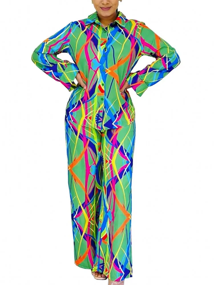 

Африканская одежда для женщин, модный осенний комплект из 2 предметов с принтом, рубашка, топ и прямые брюки, повседневный комплект с длинным рукавом, одежда из Турции