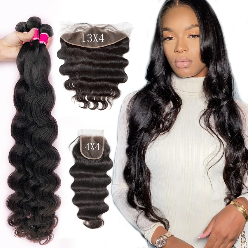 Бразильские волнистые человеческие волосы 3 4 пряди с фронтальной 30 32 дюйма