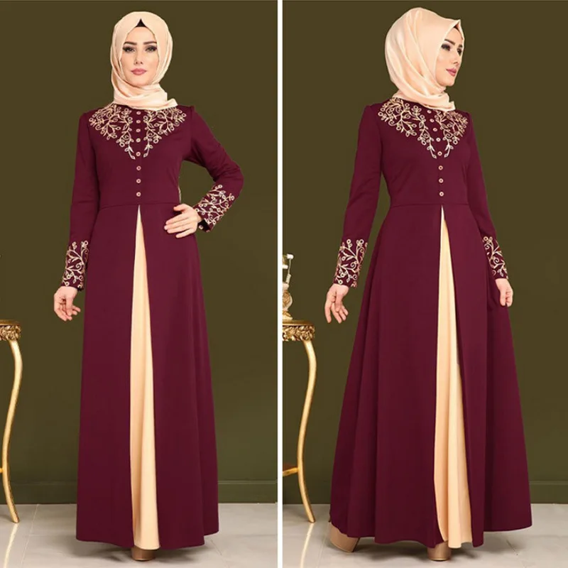 

Muslim Dress Ladies Fashion Round Neck Loose Foil Robe Slim A-Line Skirt Ladies Muslim Clothing Gala Party Long Sleeve Dress