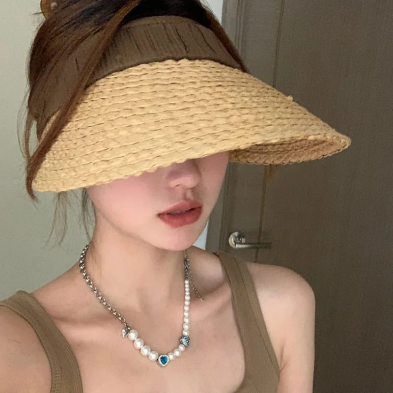 

2023 Summer Outdoor Cycling Shade Sunscreen Straw Empty Top Hat Temperament Women's Big Eaves UV Protection Sand Straw Cap