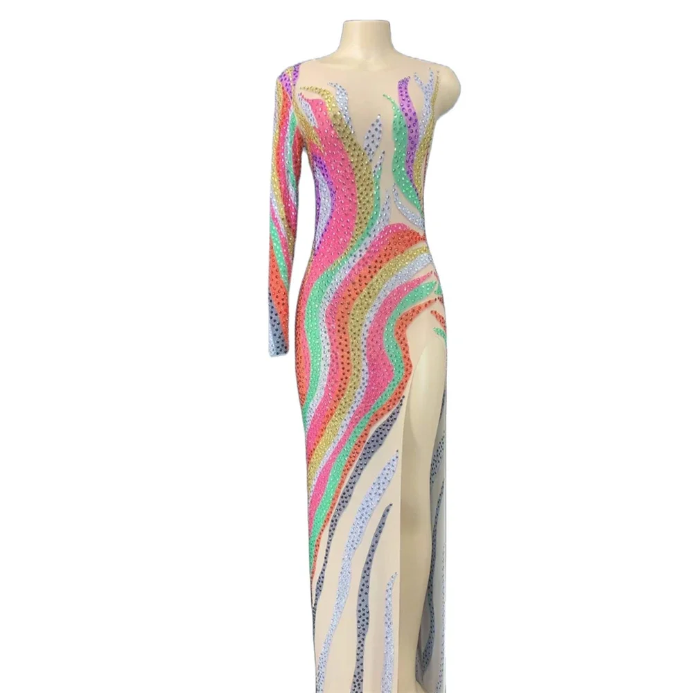 Сияющие красочные стразы с одним рукавом сексуальное женское длинное платье