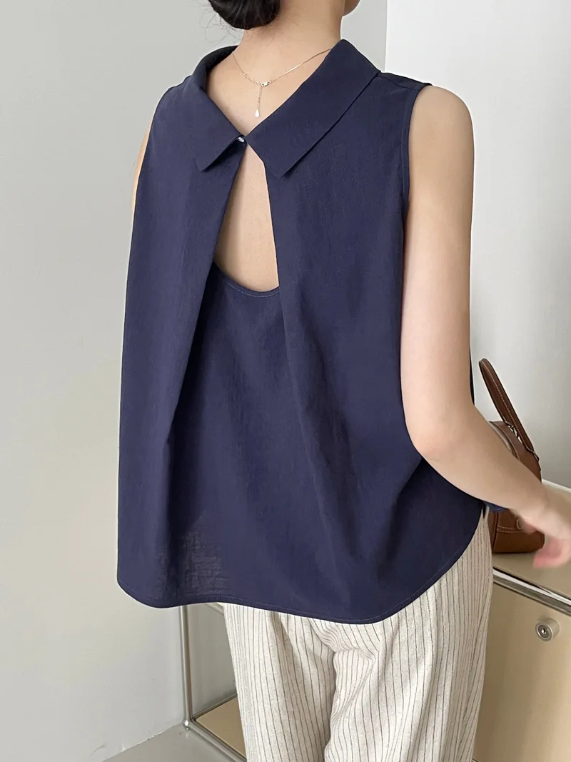 Корейская шикарная блузка с отложным воротником сзади женская однотонная