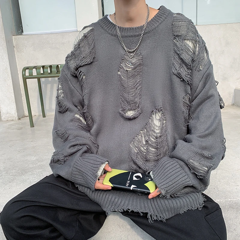 

For Y2k Street Cool Sweaters Chic High Men Japanese Design Knitwear Teens Handsome Retro Ripped Pullovers Harajuku Свитер Baggy