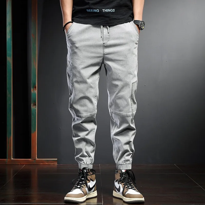 Fashion Jeans Men Pencil Pants Summer Black Patchwork Baggy Jean Streetwear Hip Hop Elastic Waist Drawstring Denim Trousers