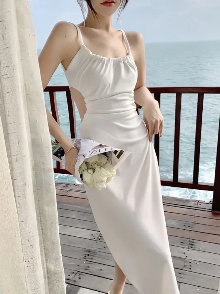 

Элегантное Белое Женское платье, летние сексуальные платья на бретелях с открытой спиной для женщин Вечерние вечернее Клубное платье, модн...