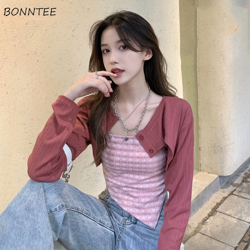 

Модные комплекты для женщин укороченный элегантный с длинным рукавом для отдыха Сексуальная женская простая кофта Весенняя Солнцезащитная Ретро верхняя одежда Ins уличная одежда