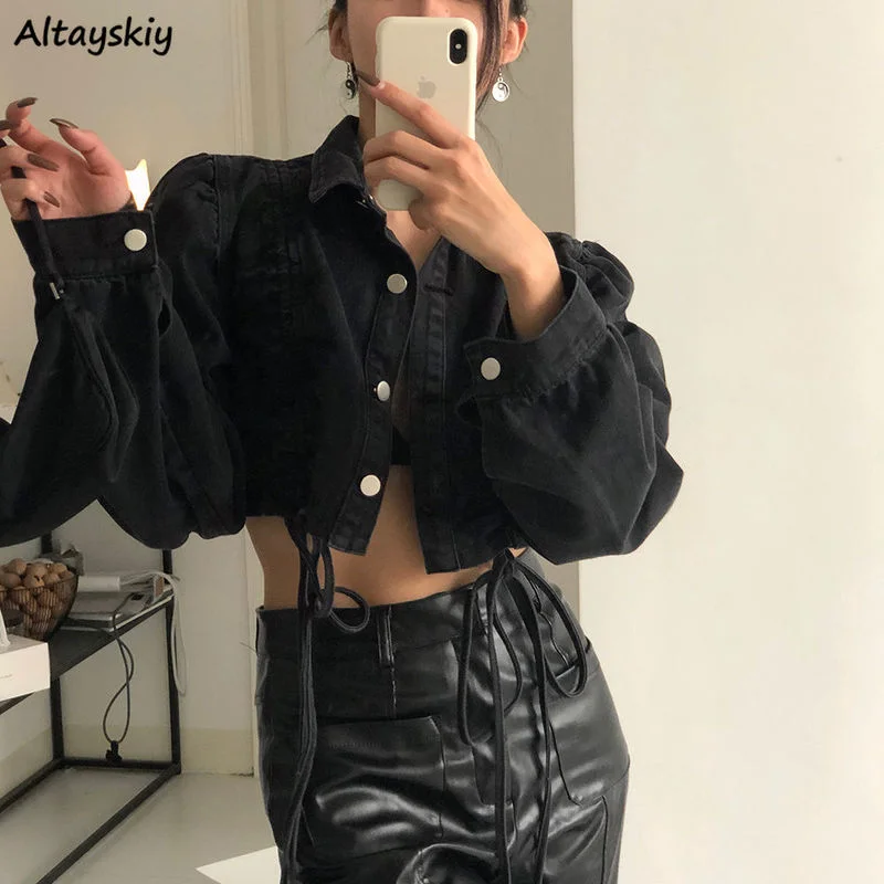 

Куртка Женская Базовая однотонная, Модный укороченный жакет из денима с пышными рукавами, универсальная Повседневная Уличная одежда в стил...