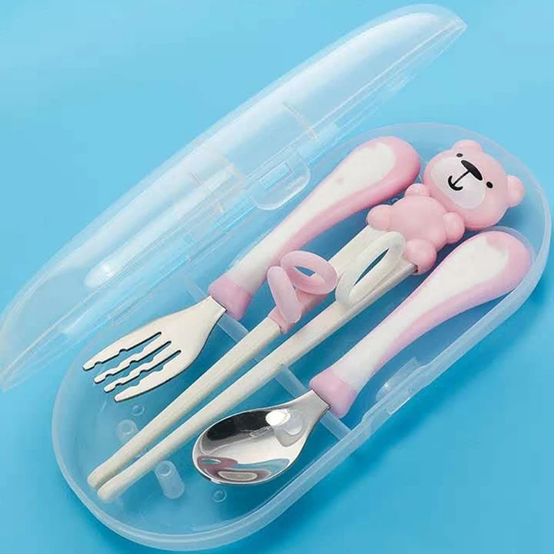 

Cartoon Bear Children Spoon Fork Chopsticks Set New Baby Feeding Spoon Stainless Steel Kids Eating Utensils Baby Flatware Set