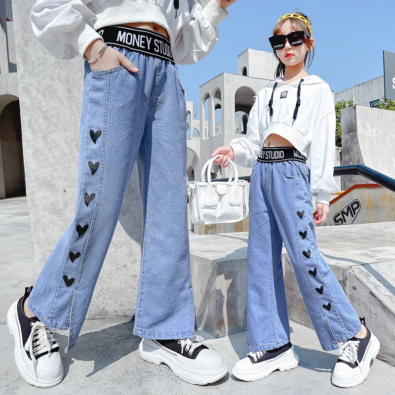 

Girls Loose Wide Leg Pants 2022 Spring Printed Love Letters Waist and Foot Slit Loose Pants