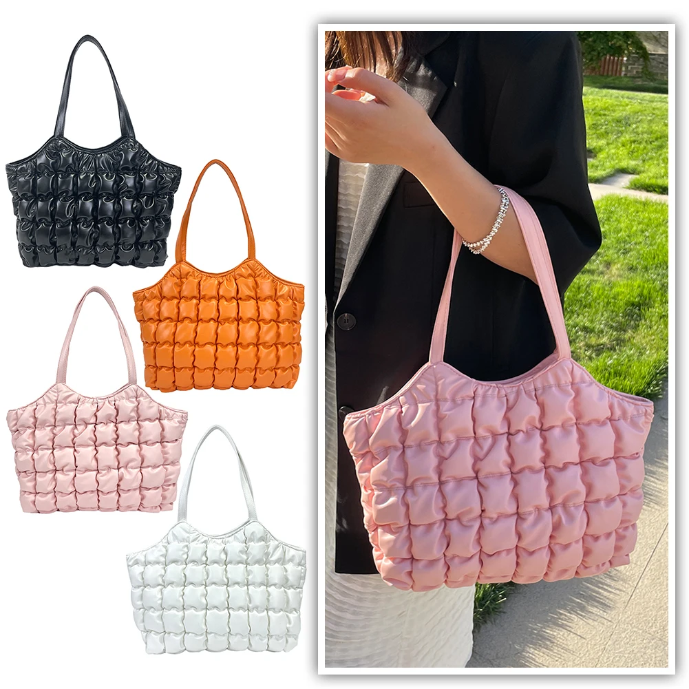 

Women Hobo Bags Plaid Quilted Shopper Purse Korean Underarm Bag Leisure Ruched Solid Embroidered Thread Female Clutch Armpit Bag