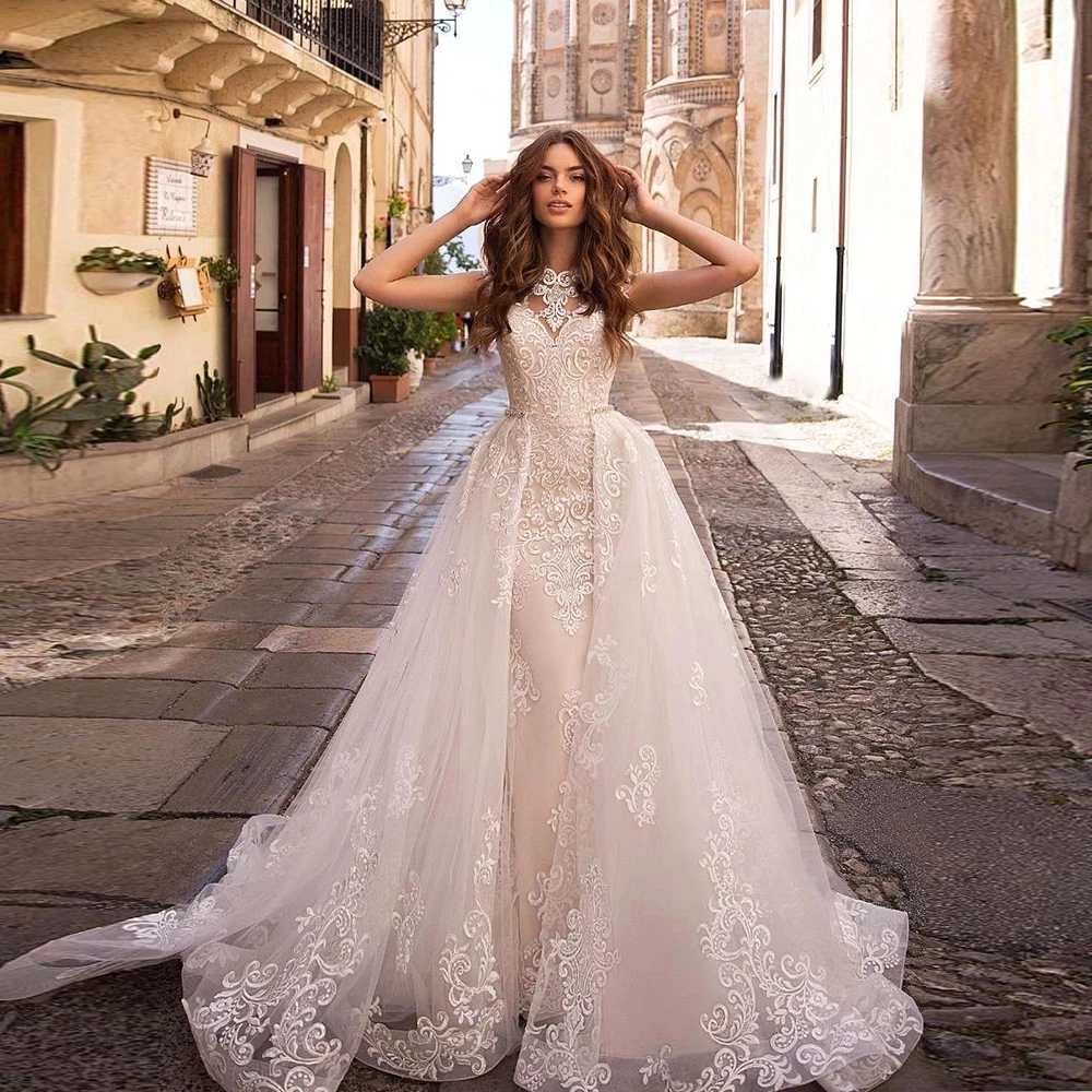

Short Sleeves Wedding Dresses O-Neck Detachable Train Bridal Gowns Lace Appliques Zipper Mermaid Vestido De Noivan