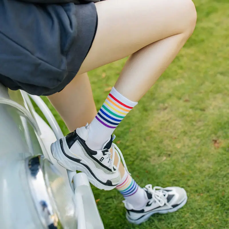 

Rainbow socks kids ins long tube street fashion stripe sports couple short tube middle tube men's socks