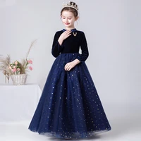 kids girls dark blue dresses long sleeve floor length mesh velvet gowns formal prom party evening poofy dress child 3 to 12 year