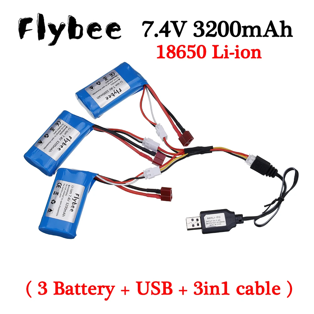 

Литий-ионная батарея 2S 7,4 В 18650 T plug 7,4 В 3200 мАч RC Электрические игрушки для Wltoys 12423 10428 машинки на дистанционном управлении (3 батареи + USB + кабел...