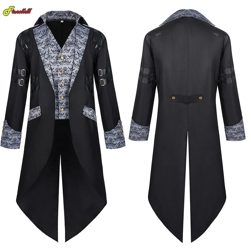 

Men's Medieval Steampunk Jacket Vampire Devil Halloween Cosplay Costume Gothic Victorian Nobles Tuxedo Suit Trench Black Coat