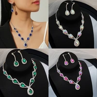 new european and american color necklace set high end all match crystal exquisite clavicle chain earrings two piece jewelry